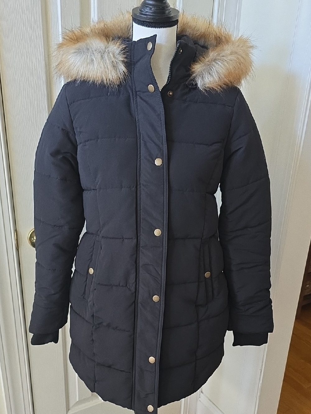 ST. JOHN'S BAY BRAND Women's Black Puffer Coat with Faux Fur Hood Size XS